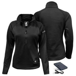 ActionHeat black womens heated quarter zip fleece jacket with battery pack and charging cable