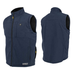 DeWalt navy blue heated work vest shown from front and back views