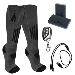 ActionHeat grey heated socks with battery packs, remote control, and charging cable
