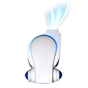 Cool On The Go white portable personal fan with blue light accents and airflow graphic